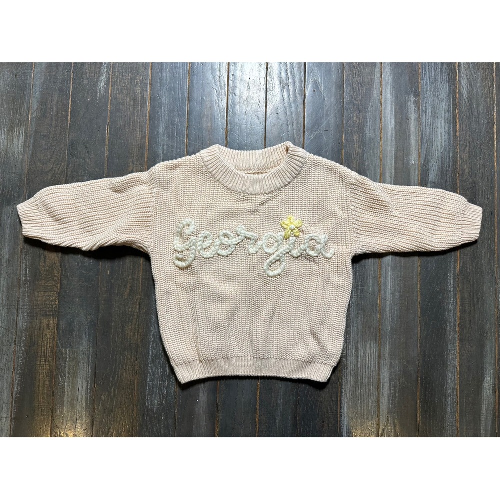 Georgia Personalized Kids Hand Embroidered Knit Sweater Cream Flower Pullover